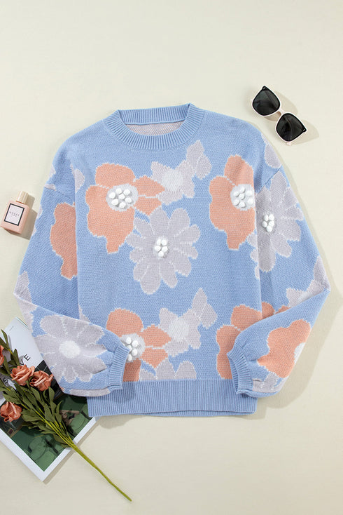 Relaxed Floral Pattern Pom Pom Pullover Sweater