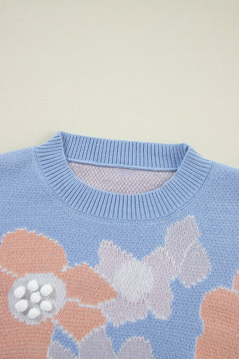 Relaxed Floral Pattern Pom Pom Pullover Sweater