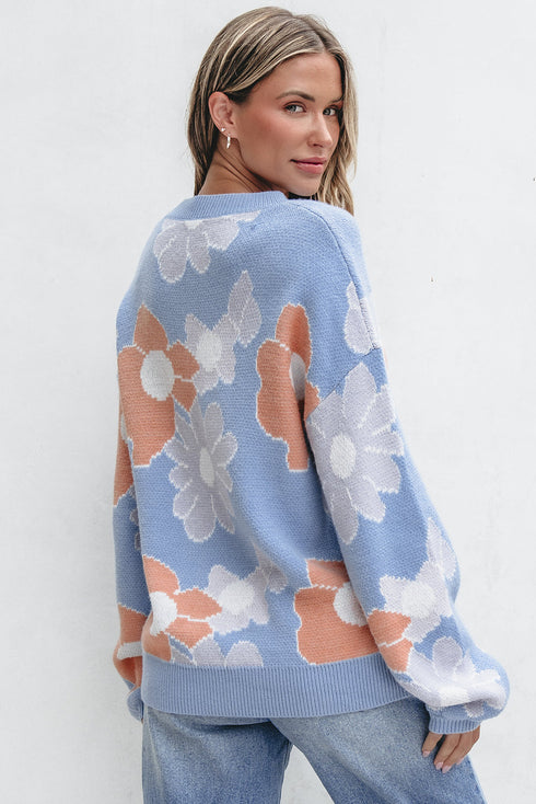 Relaxed Floral Pattern Pom Pom Pullover Sweater