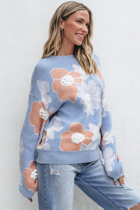 Relaxed Floral Pattern Pom Pom Pullover Sweater