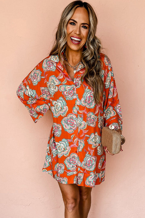 Relaxed Floral Print Button Down Shirt Dress