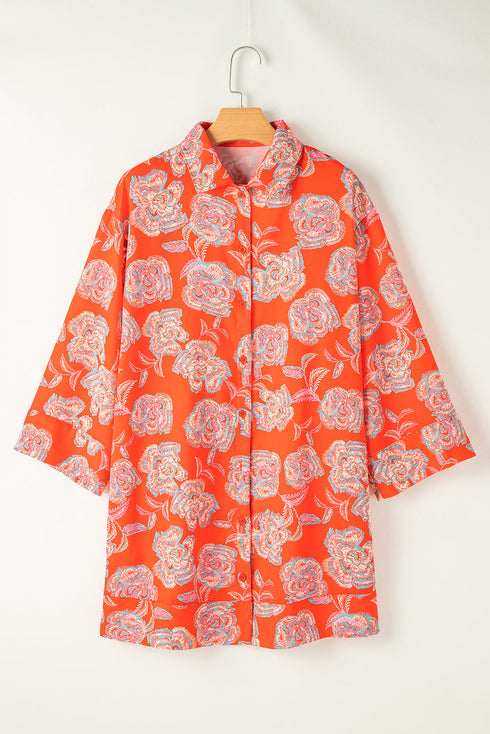 Relaxed Floral Print Button Down Shirt Dress