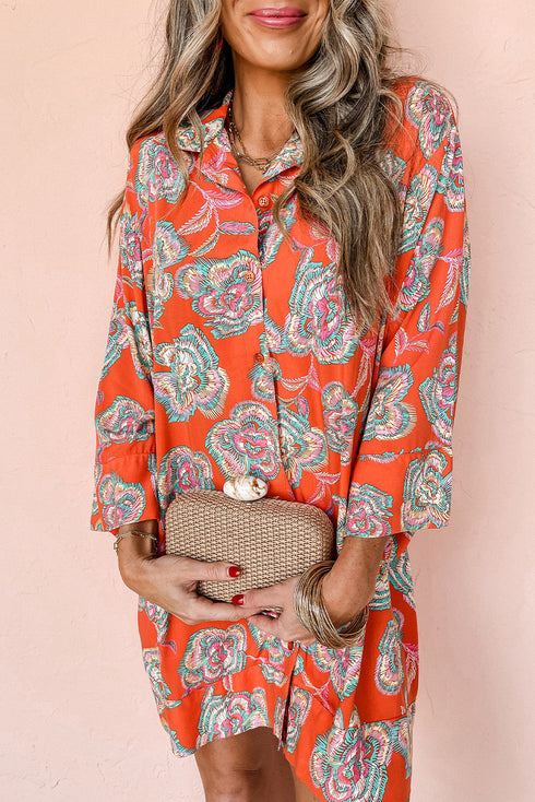 Relaxed Floral Print Button Down Shirt Dress