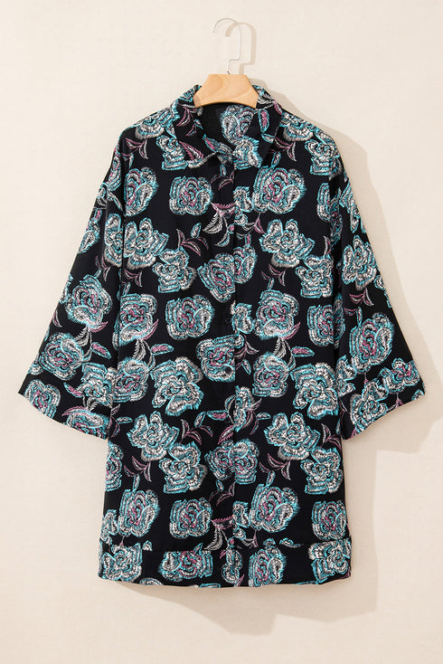 Relaxed Floral Print Button Down Shirt Dress