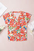 Relaxed Floral Print Split Neck Short Sleeve Top