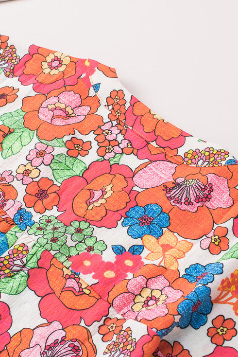 Relaxed Floral Print Split Neck Short Sleeve Top
