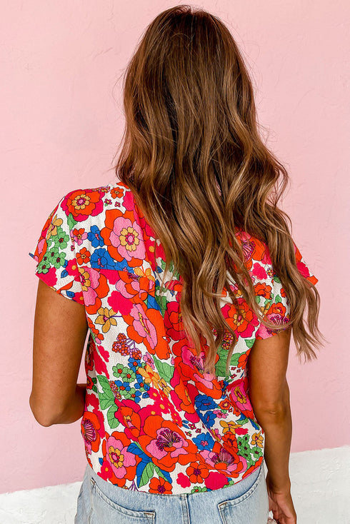 Relaxed Floral Print Split Neck Short Sleeve Top