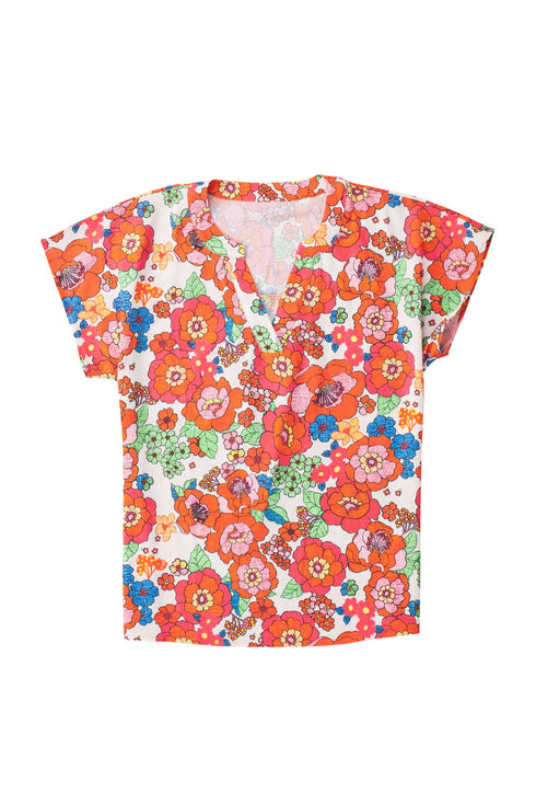 Relaxed Floral Print Split Neck Short Sleeve Top