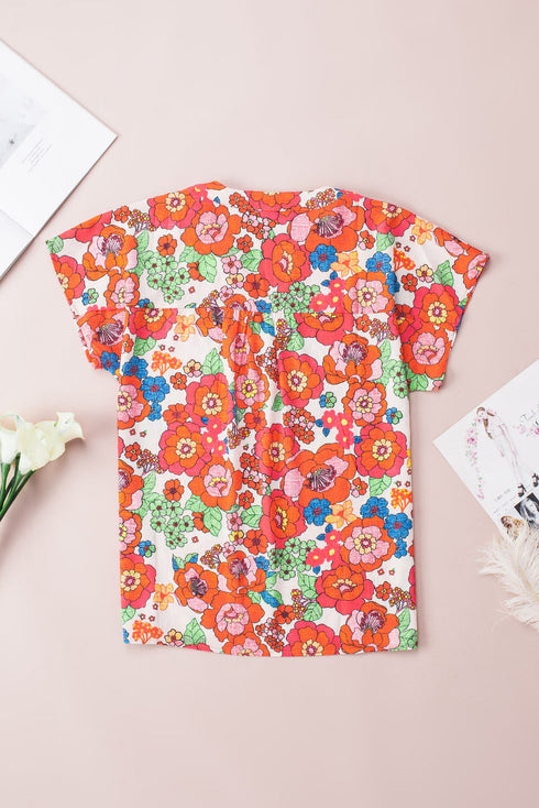 Relaxed Floral Print Split Neck Short Sleeve Top