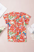 Relaxed Floral Print Split Neck Short Sleeve Top