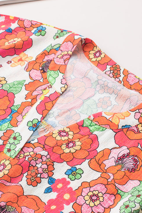 Relaxed Floral Print Split Neck Short Sleeve Top
