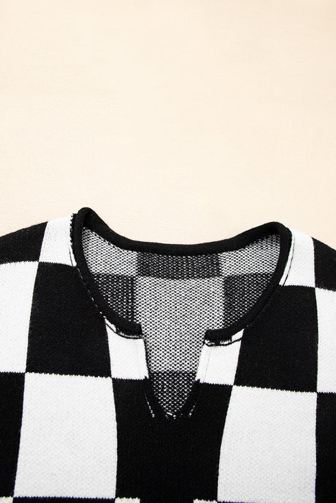 Relaxed Geometric Check Pattern V Neck Sweater