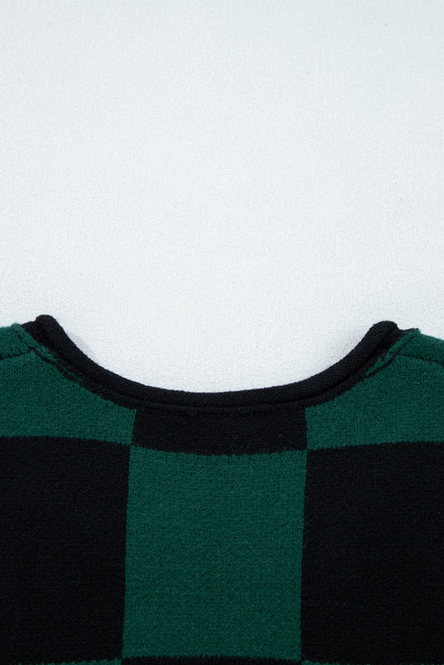 Relaxed Geometric Check Pattern V Neck Sweater