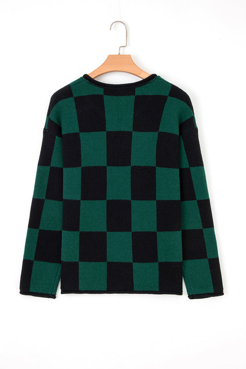 Relaxed Geometric Check Pattern V Neck Sweater