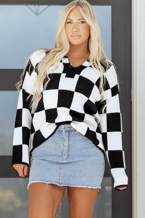 Relaxed Geometric Check Pattern V Neck Sweater