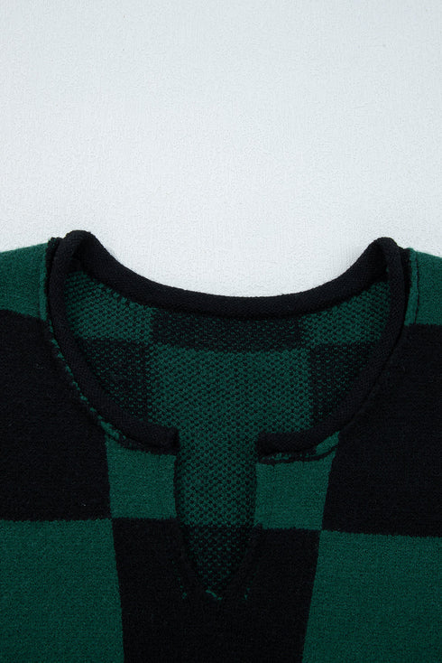 Relaxed Geometric Check Pattern V Neck Sweater