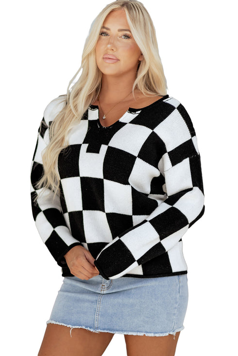 Relaxed Geometric Check Pattern V Neck Sweater