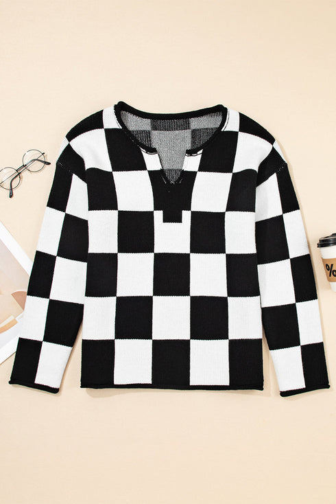 Relaxed Geometric Check Pattern V Neck Sweater