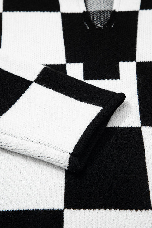Relaxed Geometric Check Pattern V Neck Sweater