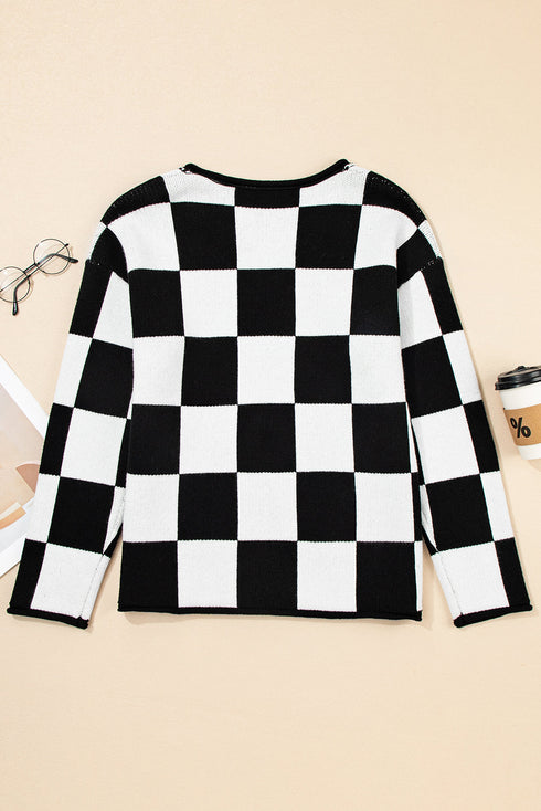Relaxed Geometric Check Pattern V Neck Sweater