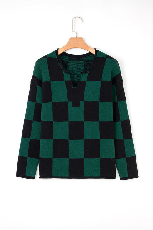 Relaxed Geometric Check Pattern V Neck Sweater