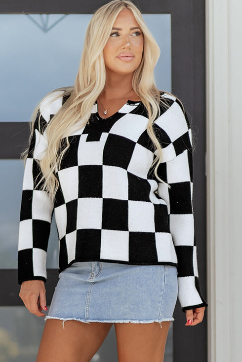 Relaxed Geometric Check Pattern V Neck Sweater