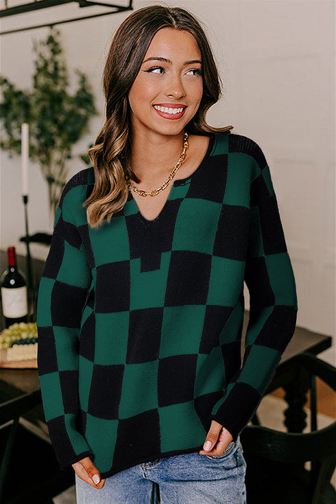 Relaxed Geometric Check Pattern V Neck Sweater