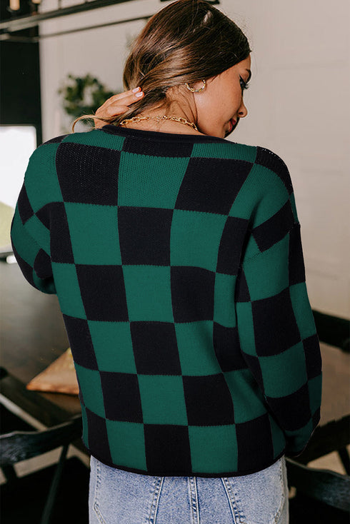 Relaxed Geometric Check Pattern V Neck Sweater