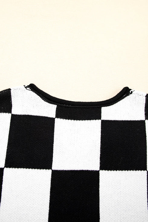 Relaxed Geometric Check Pattern V Neck Sweater
