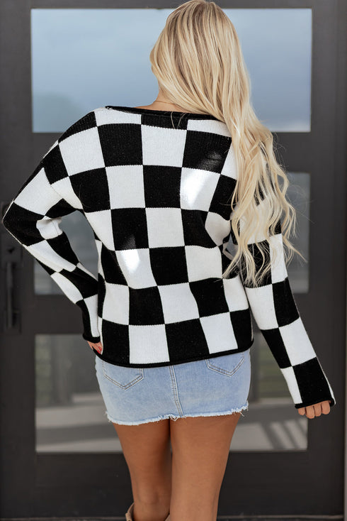 Relaxed Geometric Check Pattern V Neck Sweater