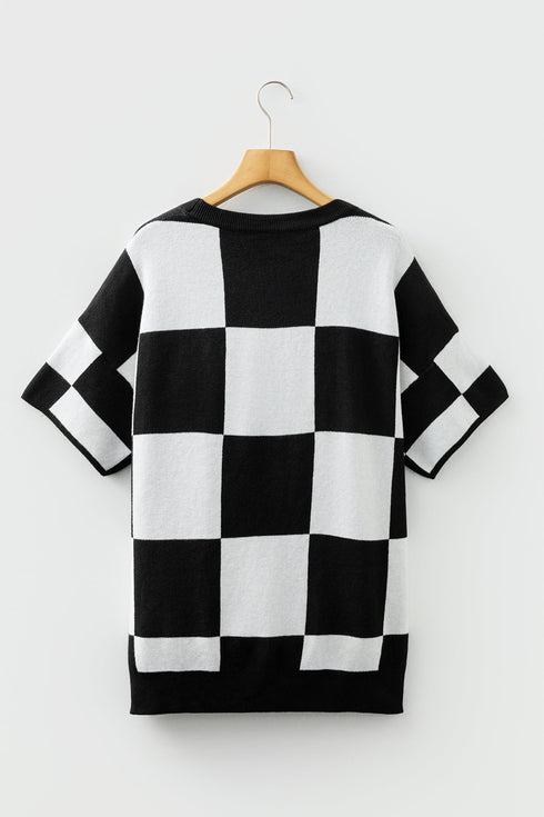 Relaxed Geometric Check Short Sleeve Knit Sweater