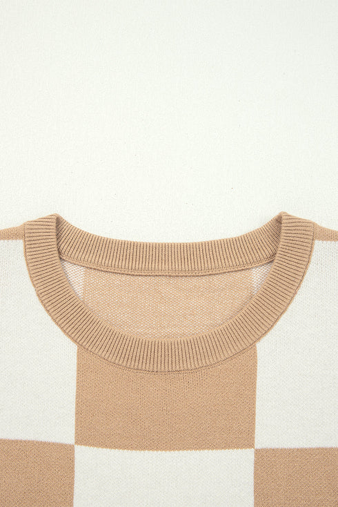 Relaxed Geometric Check Short Sleeve Knit Sweater