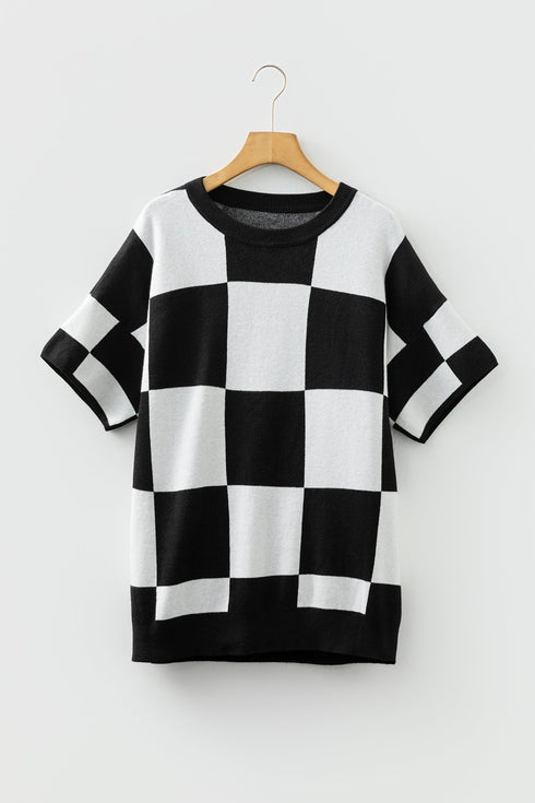 Relaxed Geometric Check Short Sleeve Knit Sweater