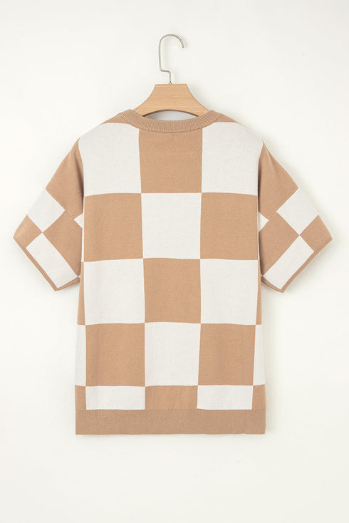 Relaxed Geometric Check Short Sleeve Knit Sweater