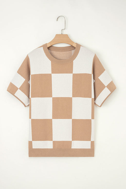 Relaxed Geometric Check Short Sleeve Knit Sweater
