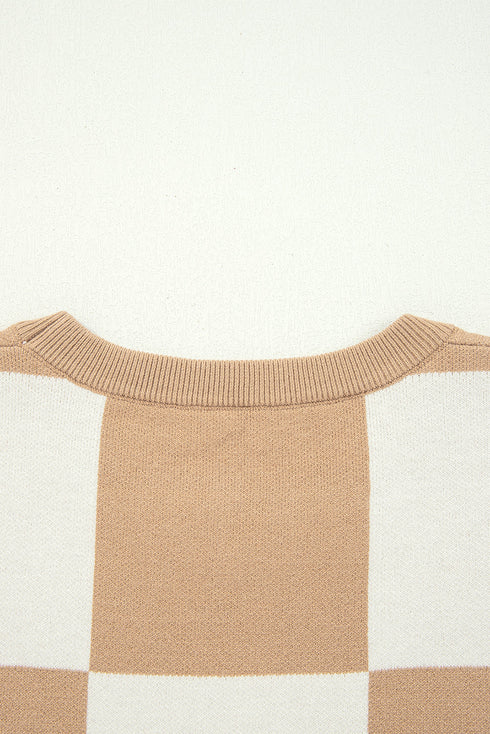 Relaxed Geometric Check Short Sleeve Knit Sweater