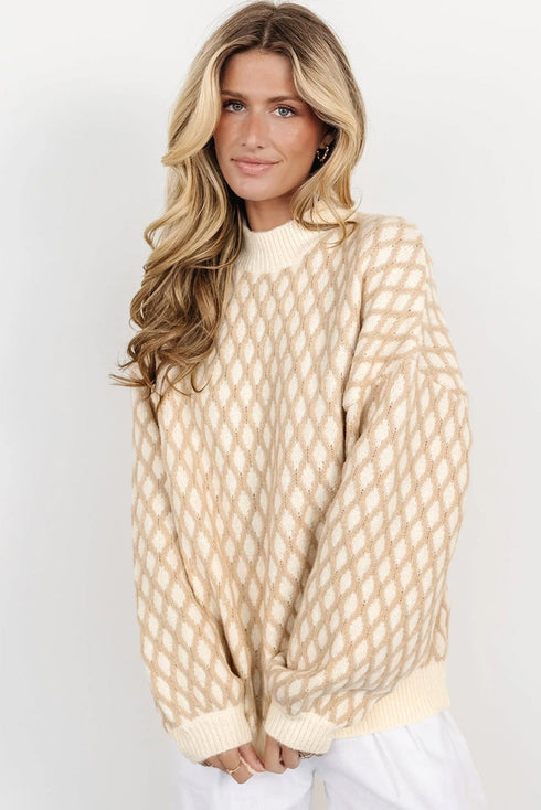 Relaxed Geometric Diamond Pattern Mock Neck Knit Sweater