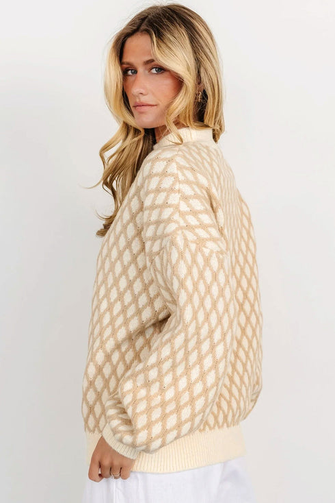 Relaxed Geometric Diamond Pattern Mock Neck Knit Sweater