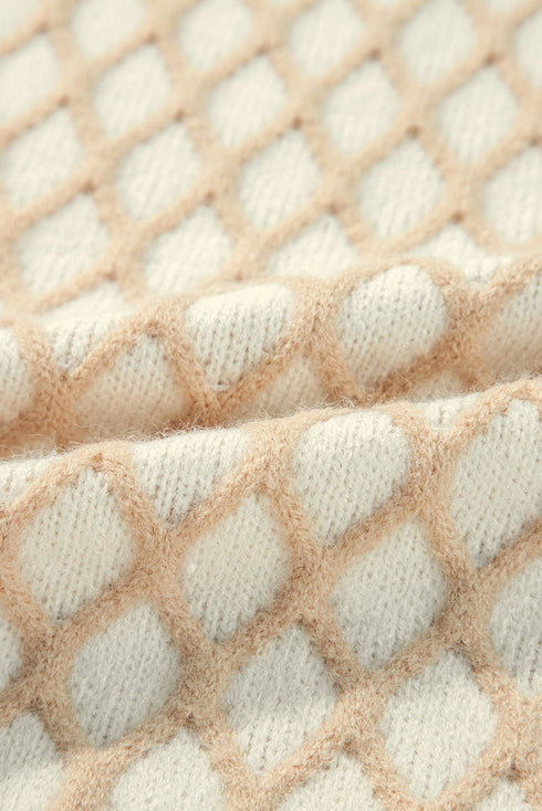 Relaxed Geometric Diamond Pattern Mock Neck Knit Sweater