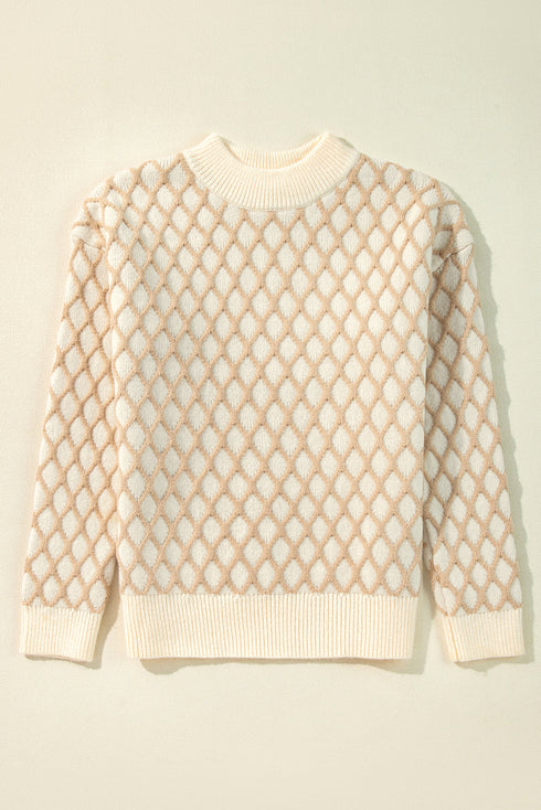 Relaxed Geometric Diamond Pattern Mock Neck Knit Sweater