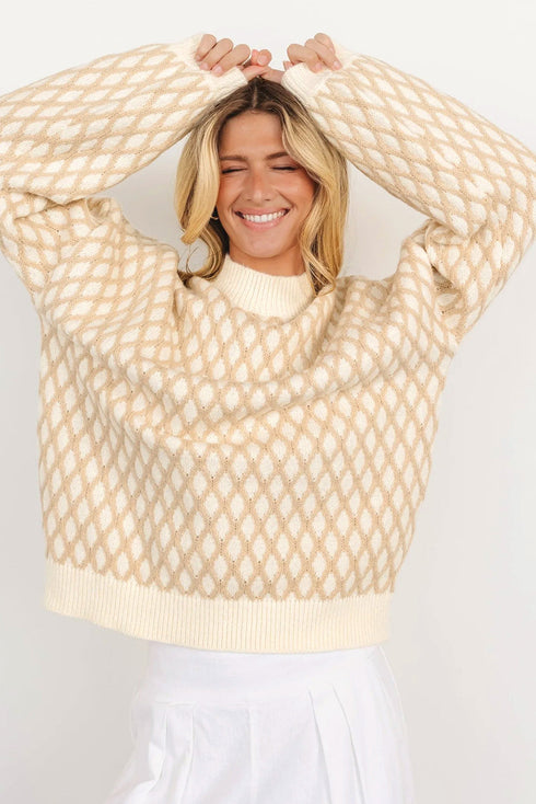 Relaxed Geometric Diamond Pattern Mock Neck Knit Sweater