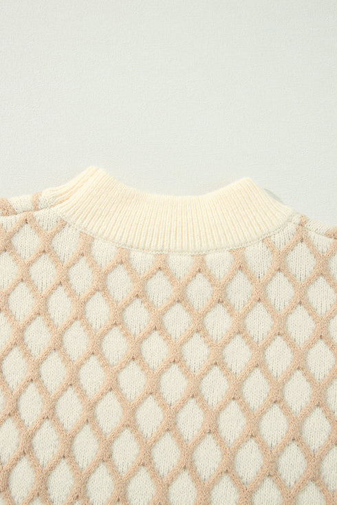 Relaxed Geometric Diamond Pattern Mock Neck Knit Sweater