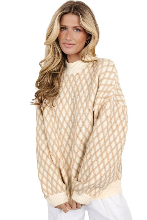 Relaxed Geometric Diamond Pattern Mock Neck Knit Sweater