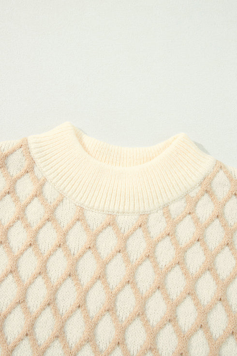 Relaxed Geometric Diamond Pattern Mock Neck Knit Sweater