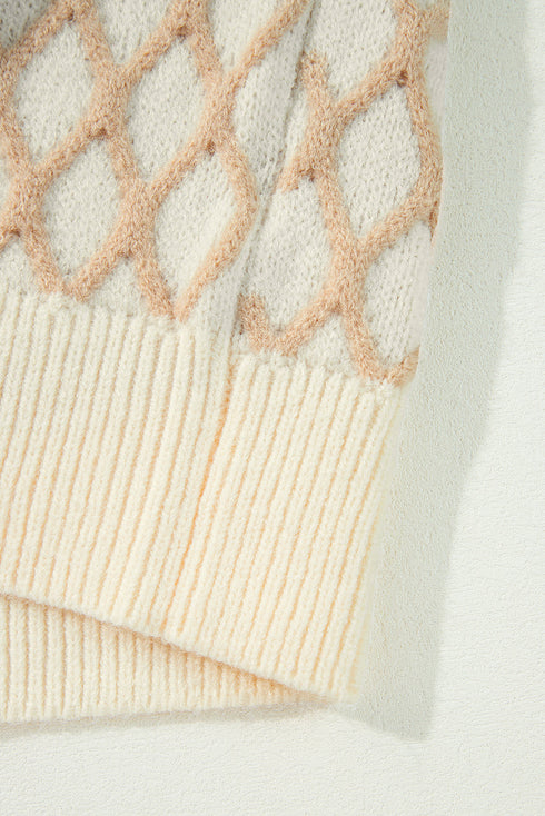 Relaxed Geometric Diamond Pattern Mock Neck Knit Sweater