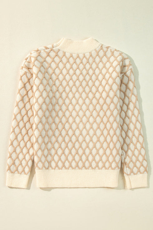 Relaxed Geometric Diamond Pattern Mock Neck Knit Sweater
