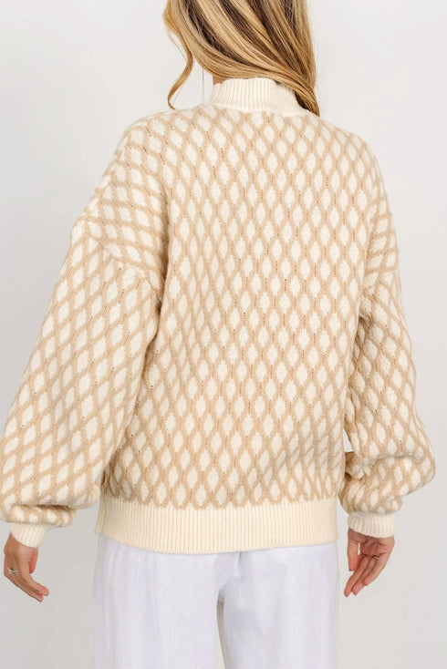 Relaxed Geometric Diamond Pattern Mock Neck Knit Sweater