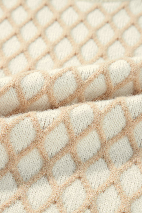 Relaxed Geometric Diamond Pattern Mock Neck Knit Sweater