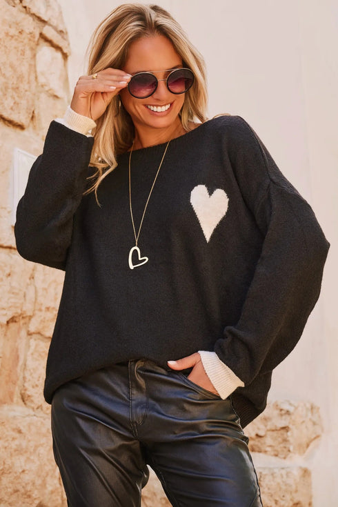 Relaxed Heart Motif Drop Shoulder Knit Sweater