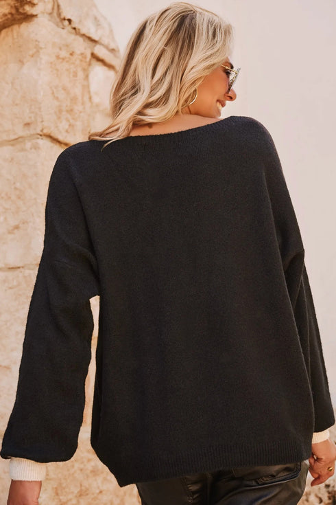 Relaxed Heart Motif Drop Shoulder Knit Sweater